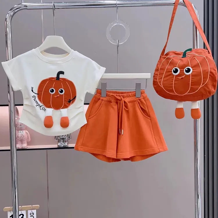 1329新款女童运动休闲套装夏季印花南瓜短袖卡通时尚小女孩三件套