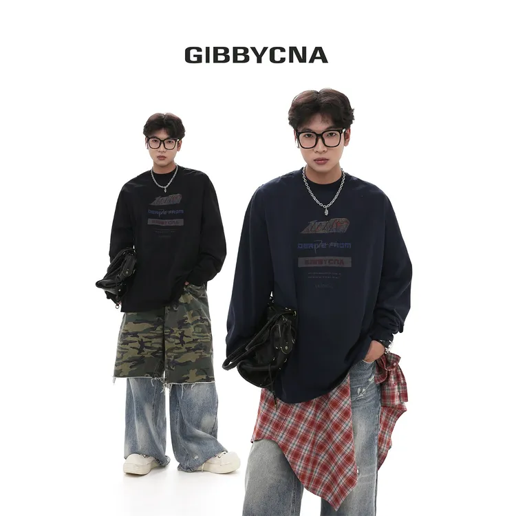 GIBBYCNA主线#做旧磨破印花长袖T恤男女潮牌复古宽松休闲圆领体恤