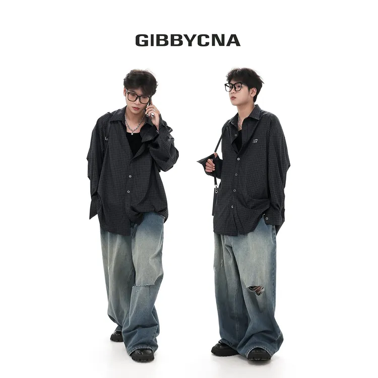 GIBBYCNA主线/秋季复古G刺绣格子衬衫潮牌宽松长袖衬衣休闲情侣装
