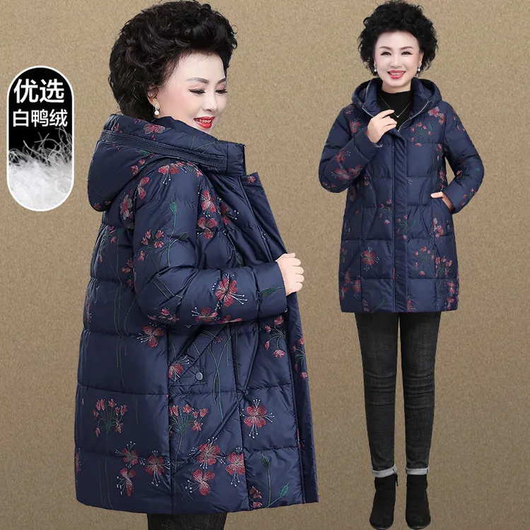 中老年人羽绒服女中长款2024新款妈妈秋冬装外套大码奶奶装花棉袄