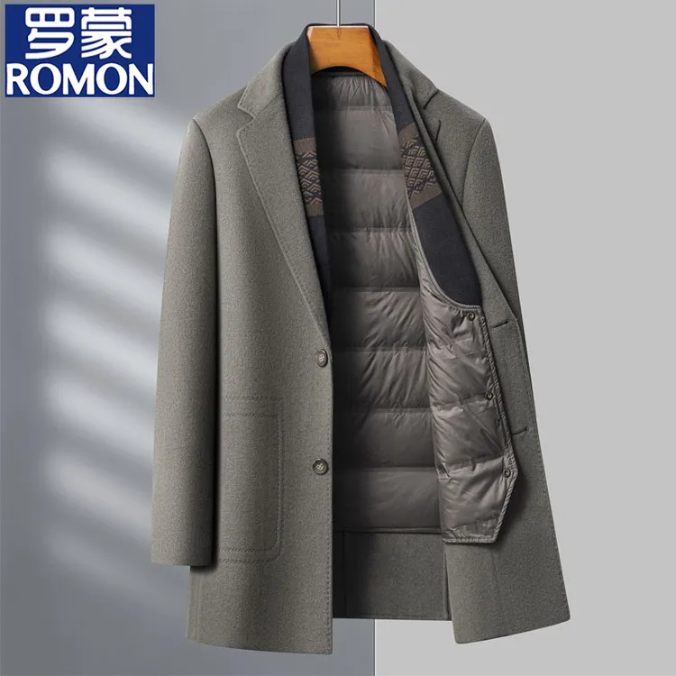 罗蒙羊毛呢子大衣冬季可脱卸加绒内胆加厚休闲男士毛呢外套中长款