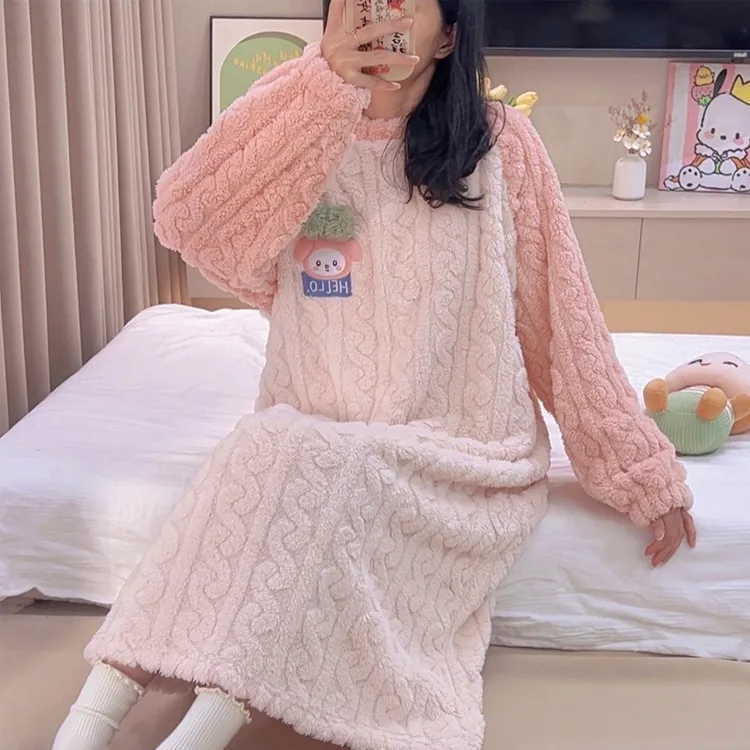 珊瑚绒睡裙2024新款爆款睡衣女加绒加厚秋冬宽松可外穿孕妇家居服