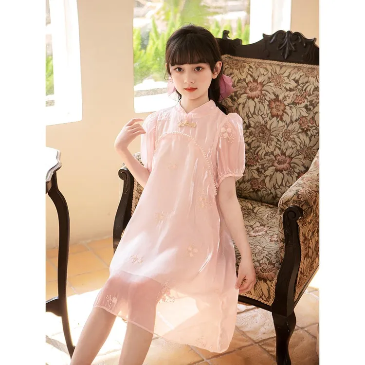 女童连衣裙2024新款儿童洋气公主裙夏季汉服女童裙子假珍珠款裙子