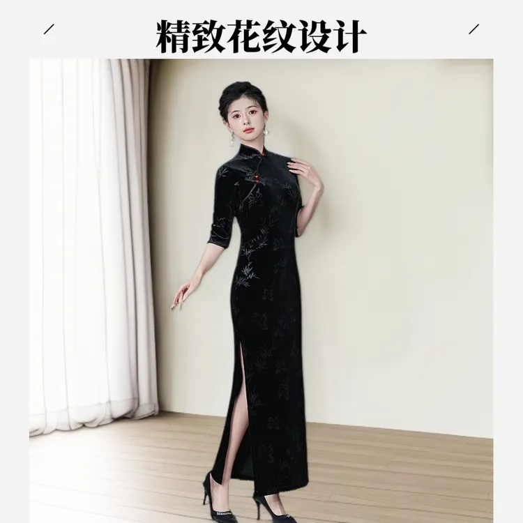 新款老上海旗袍女款金丝绒旗袍裙日常走秀年轻连衣裙修身长款加厚