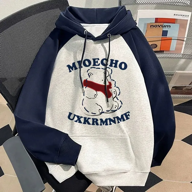 围巾小熊印花女童插肩连帽卫衣秋冬季中大童学院风加绒加厚上衣潮