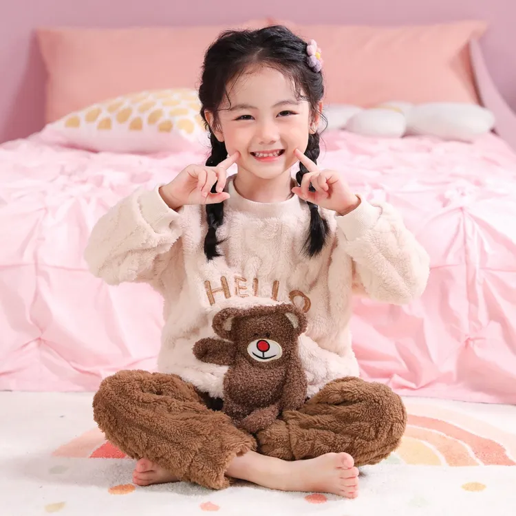 儿童睡衣男女童秋冬珊瑚绒中大童加绒加厚款法兰绒小孩家居服套装
