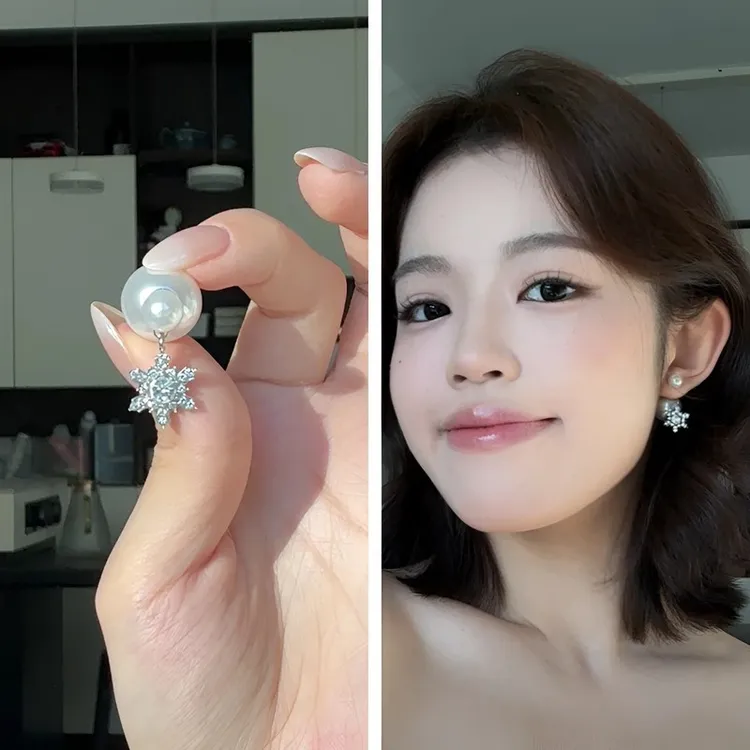 铜合金耳饰  后挂式八芒星珍珠耳钉女日韩高级感轻奢气质雪花耳环