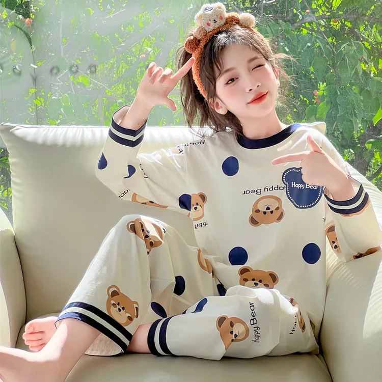 儿童A类家居服男女孩中大童睡衣春秋季纯棉长袖长裤宽松卡通套装