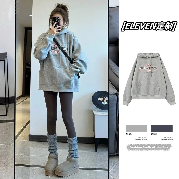 美式复古灰色连帽加绒卫衣女秋冬季新款宽松慵懒风加厚显瘦不臃肿