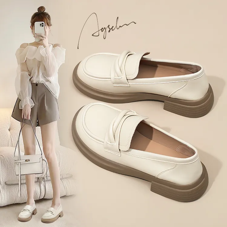 奥古狮登白色乐福鞋女2025新款百搭厚底小皮鞋一脚蹬学院风单鞋女