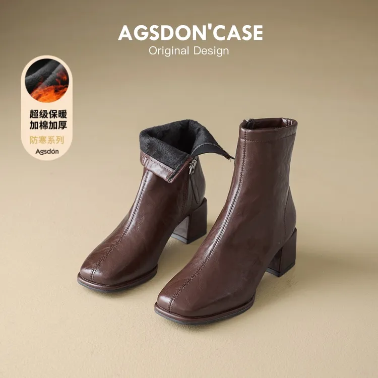 奥古狮登加绒短靴女2025新款秋冬厚底增高粗跟英伦风瘦瘦靴马丁靴
