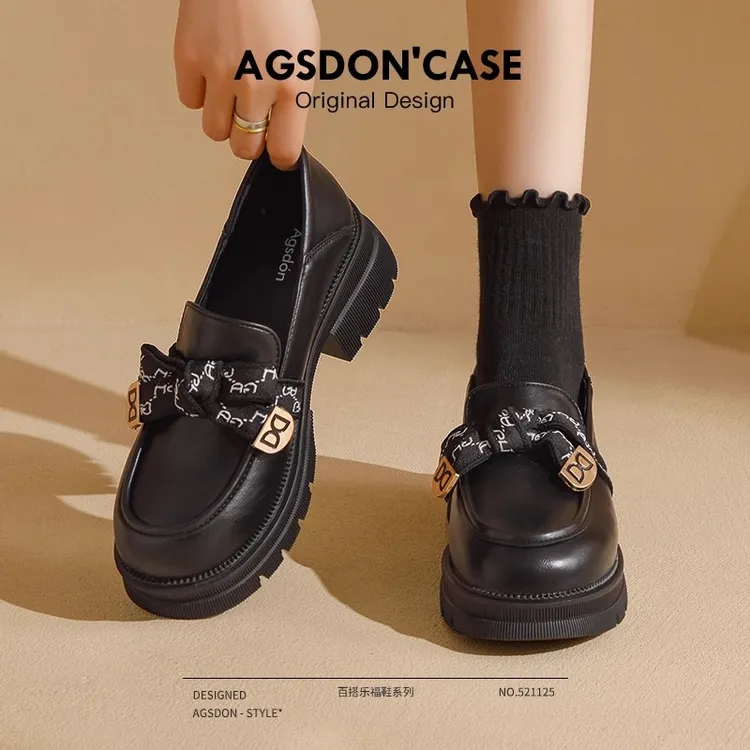 奥古狮登乐福鞋女爆款2025新款百搭一脚蹬英伦单鞋复古黑色小皮鞋