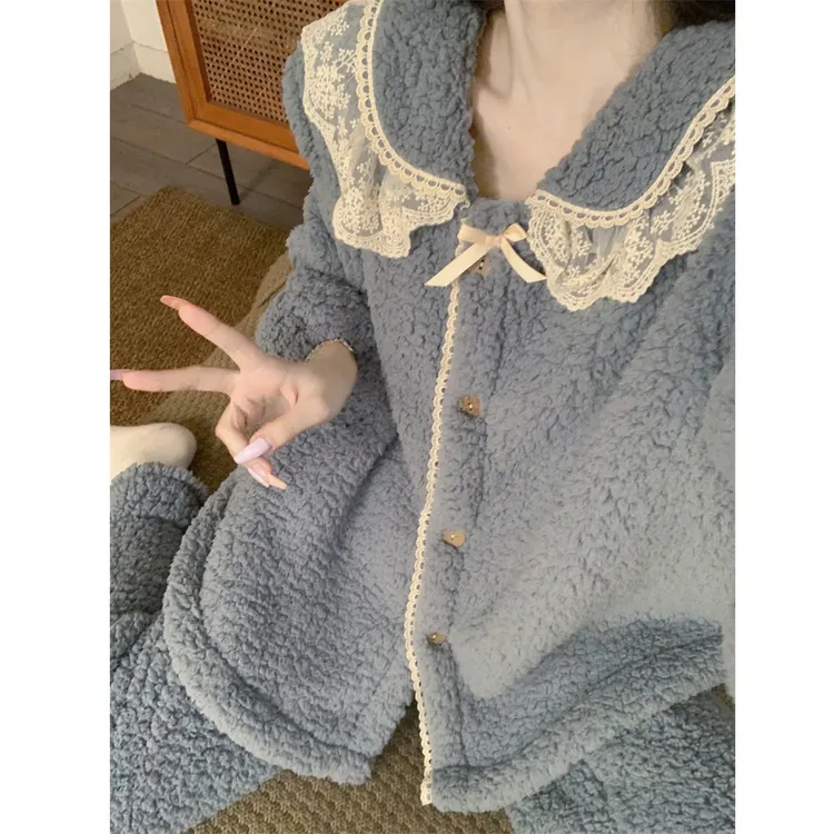 羊羔绒韩版甜美睡衣女冬季加厚加绒保暖蕾丝珊瑚绒家居服两件套装