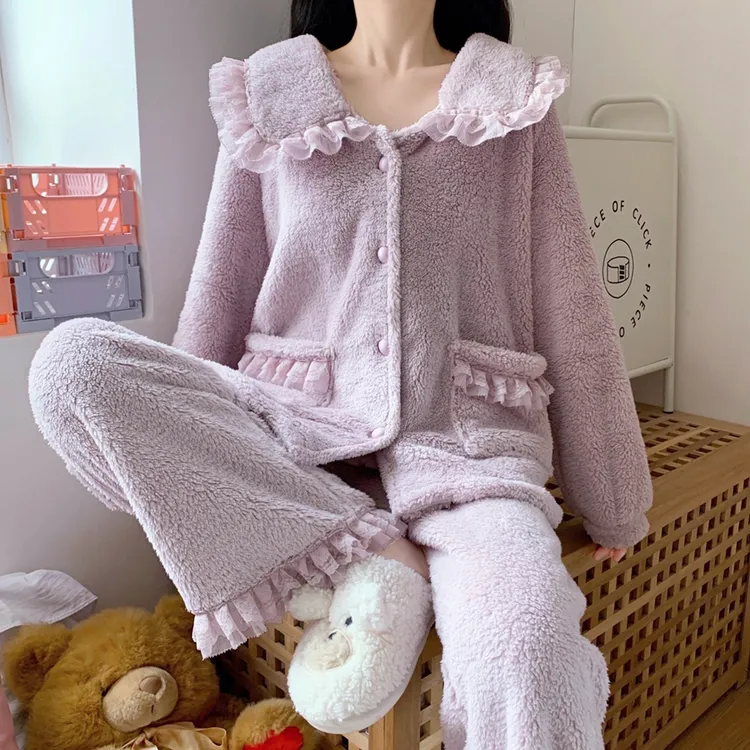 公主风甜美可爱珊瑚绒小个子加绒加厚睡衣女套装冬季高颜值家居服