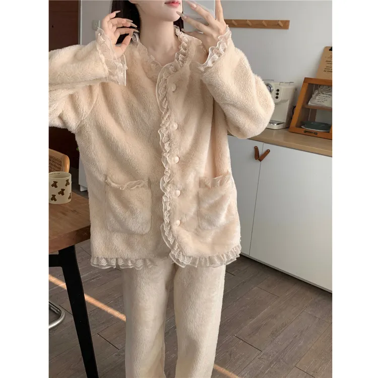 公主风甜美蕾丝边冬季加绒加厚珊瑚绒睡衣女士保暖长袖家居服套装