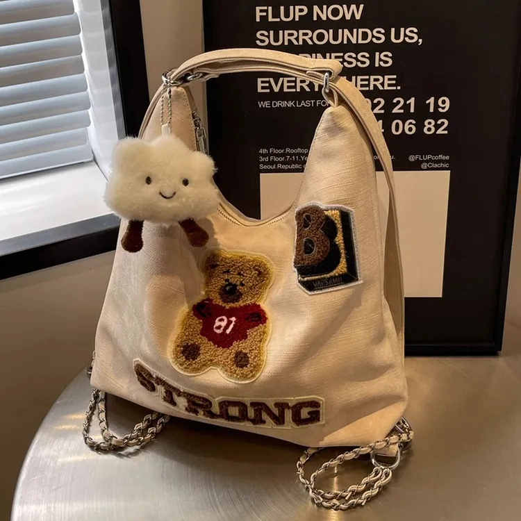 托特包女2024新款大容量通勤双肩包百搭卡通小熊单肩斜挎旅游背包