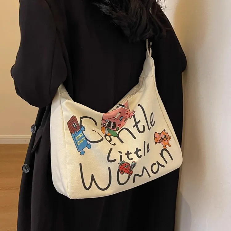 帆布包女2024新款夏季百搭学院风通勤单肩包大容量休闲斜挎托特包