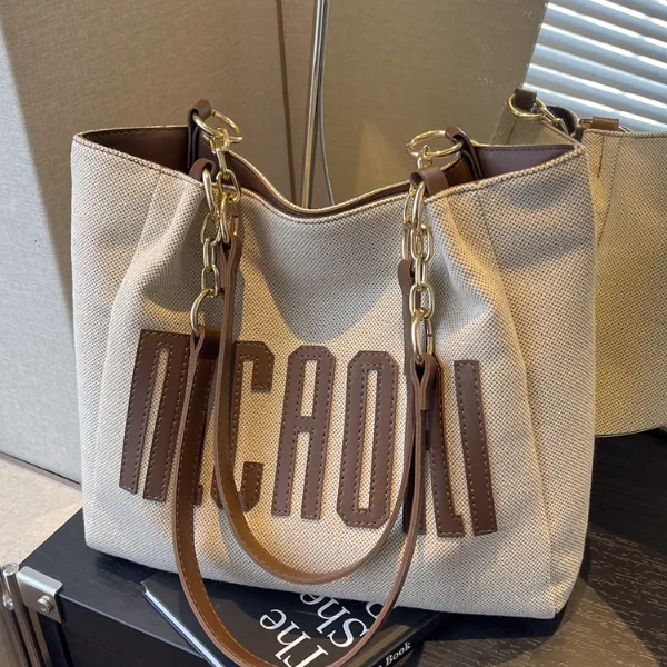 休闲大容量包包女春夏时尚字母帆布包上课上班通勤专用单肩托特包