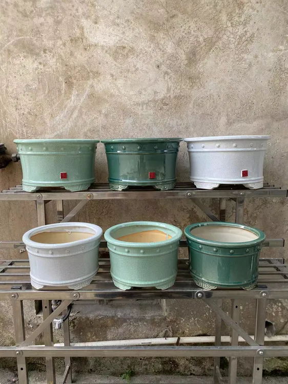 新款豆青绿白冰裂釉复古圆形豉丁花盆大号陶瓷盆栽盆景新石湾花盆