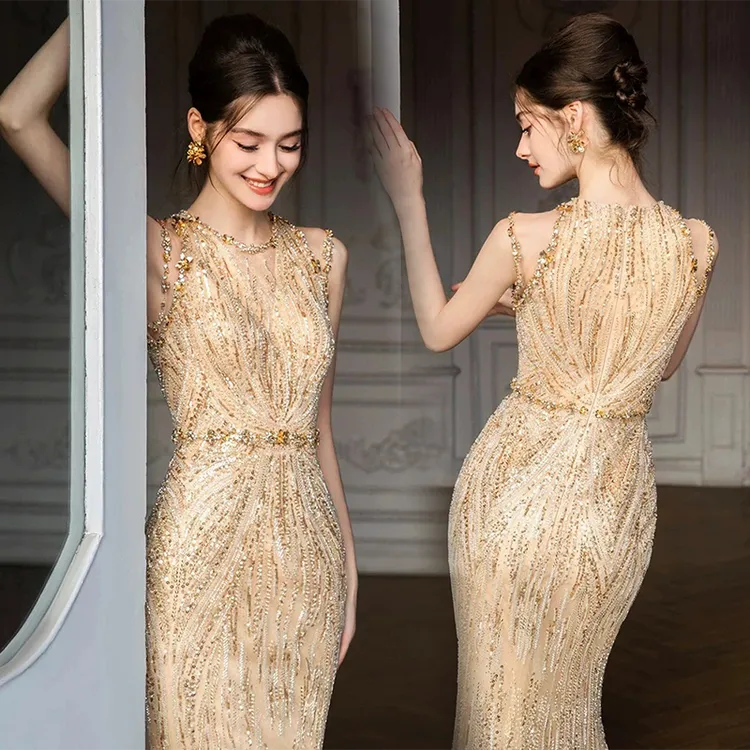 重工晚礼服女高级感金色绝美高端宴会主持人鱼尾订婚裙敬酒服新娘