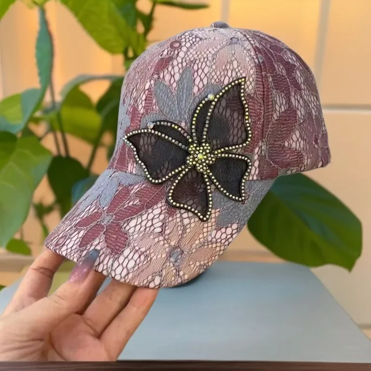 百搭蝴蝶蕾丝水钻薄款透气防晒棒球帽夏季帽子网红潮款百搭鸭舌帽