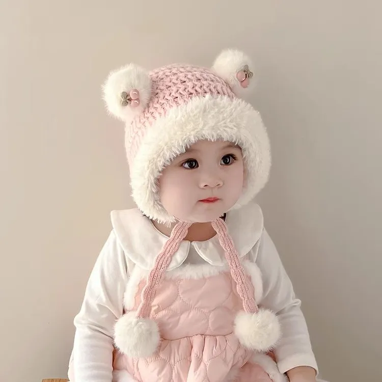 女宝宝帽子秋冬款保暖防风护耳毛绒帽甜美樱桃公主帽女童针织帽潮