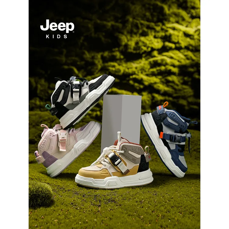 jeep春季新款时尚男女童运动板鞋高帮防滑耐磨弹力扣中大童儿童鞋