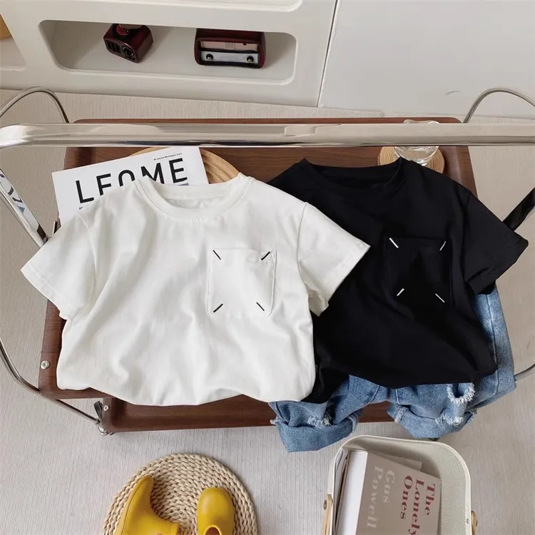 【刺绣潮牌】儿童T恤纯棉男童短袖宽松休闲打底衫女童口袋上衣洋气