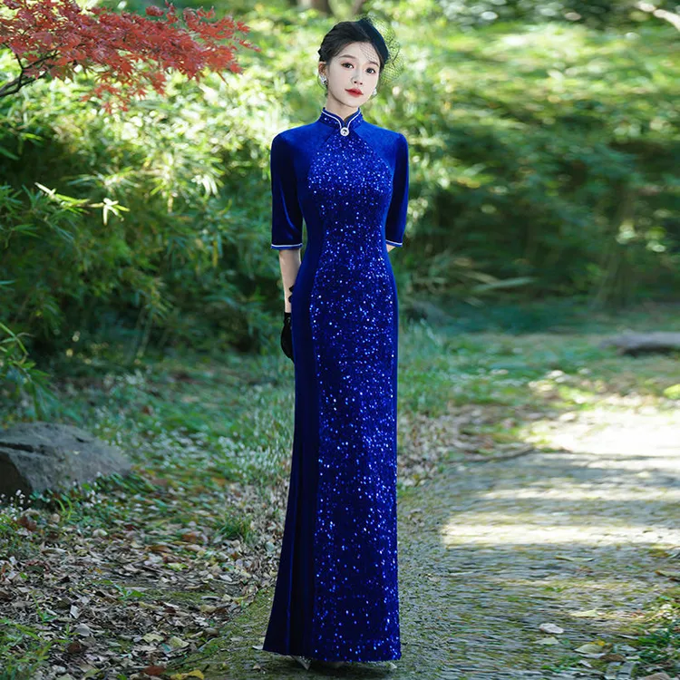 亮片时尚走秀演出服长旗袍2025秋季新款复古妈妈婚宴大码鱼尾礼服