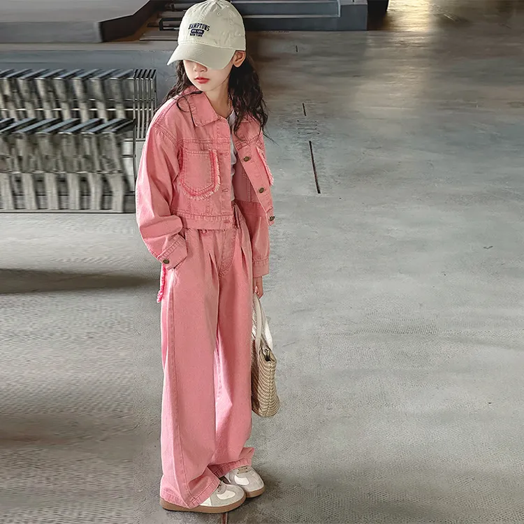 女童春秋装牛仔套装2024新款洋气儿童春秋外套阔腿韩版宝宝潮款