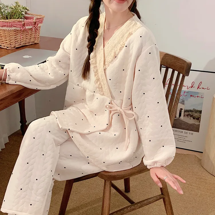 睡衣女夹层空气棉秋冬孕妇哺乳怀孕期月子服喂奶家居服加厚套装
