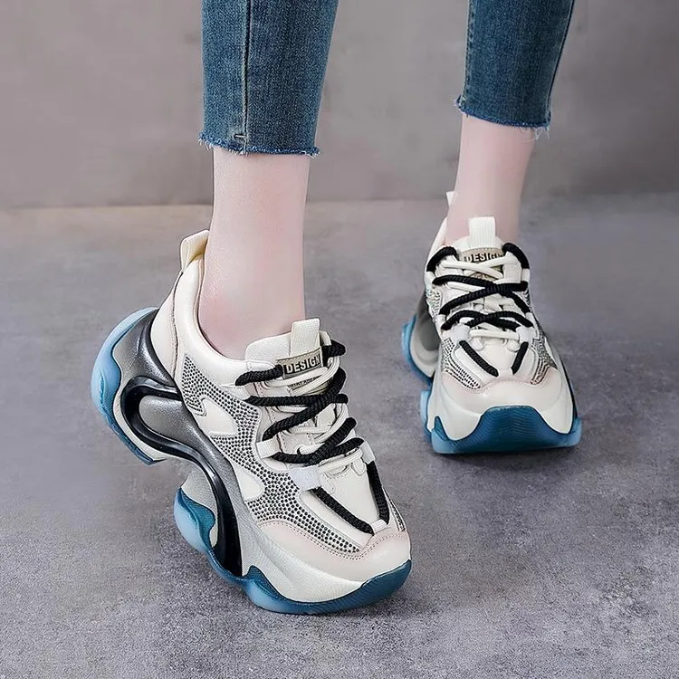 头层牛皮单鞋2024春季新款真皮水钻女鞋厚底增高休闲运动鞋老爹鞋