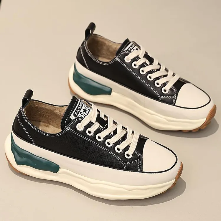 2024女款秋冬百搭圆头增高软底运动板鞋新款韩版松糕底真皮休闲鞋