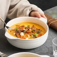 【高温白玉瓷】双耳条纹碗 双耳汤碗家用防烫白色大碗日式轻奢汤盆