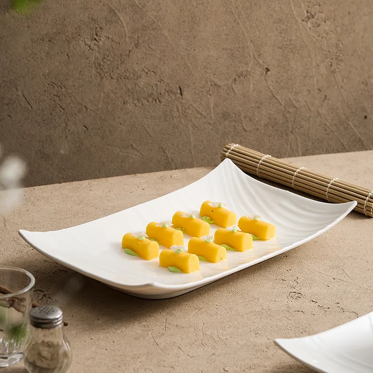 【高温白玉瓷】木纹翘角长方盘 鱼盘菜盘创意寿司盘长方形凉菜盘子