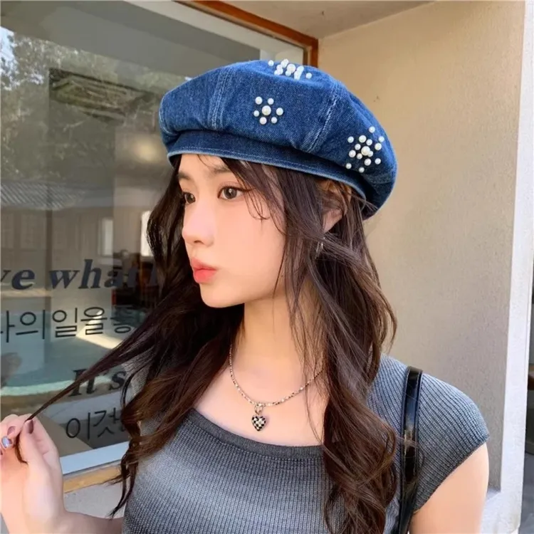 韩系牛仔贝雷帽女新款显脸小画家帽春秋网红时尚珍珠装饰蓓蕾韩版