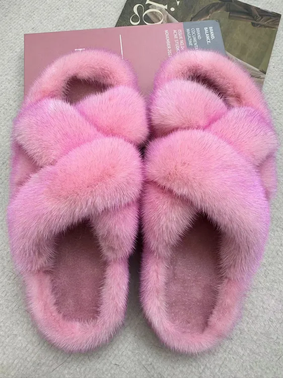 网红同款毛毛鞋百搭水貂毛厚底外穿软底2025新款一字交叉毛毛拖鞋