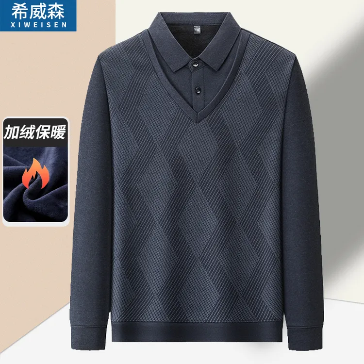 秋冬季中老年人保暖打底毛衣中年爸爸加绒加厚针织衫男上衣假两件