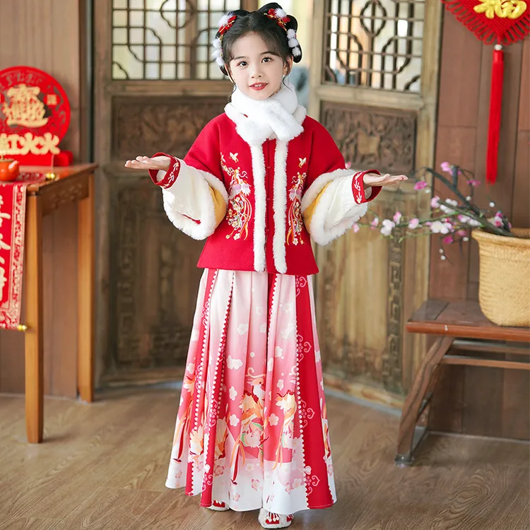 青-SL2965女童汉服拜年服唐装马面裙明制秋冬加厚儿童喜庆过年服