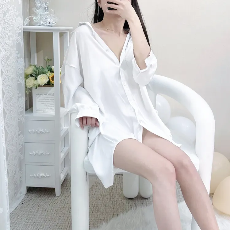 缎面白衬衫冰丝睡衣女款爆款2025新款夏季防晒可外穿大码白色睡裙