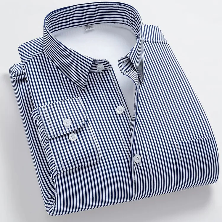 大码条纹男士保暖衬衫加绒加厚纯色弹力免烫工装长袖商务抗皱修身