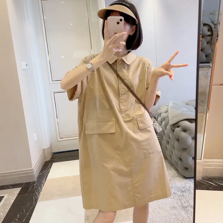 纯棉工装宽松连衣裙夏新款休闲减龄中长款小个子娃娃领直筒衬衫裙