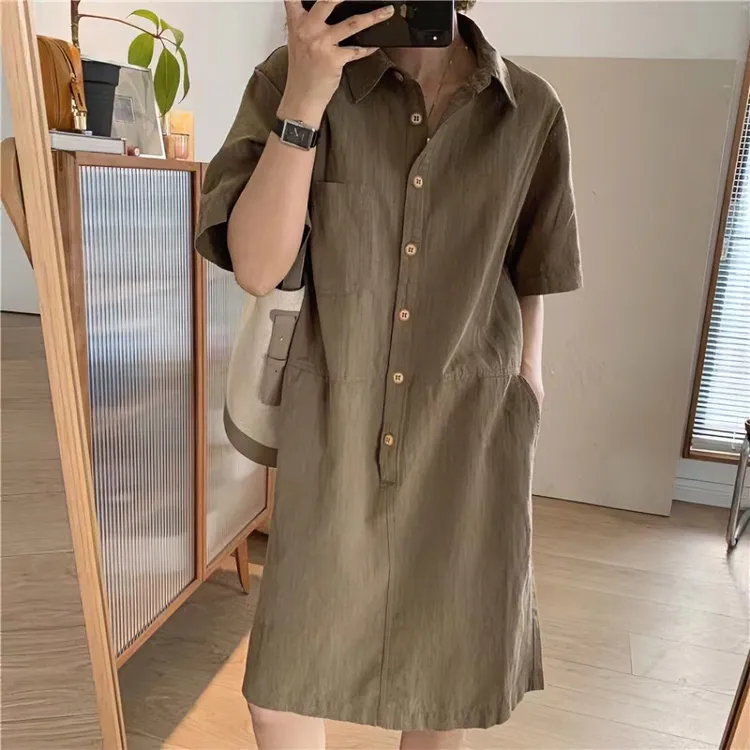 棉麻连衣裙女百搭文艺简约通勤直筒休闲棉麻衬衫连衣裙设计感韩版