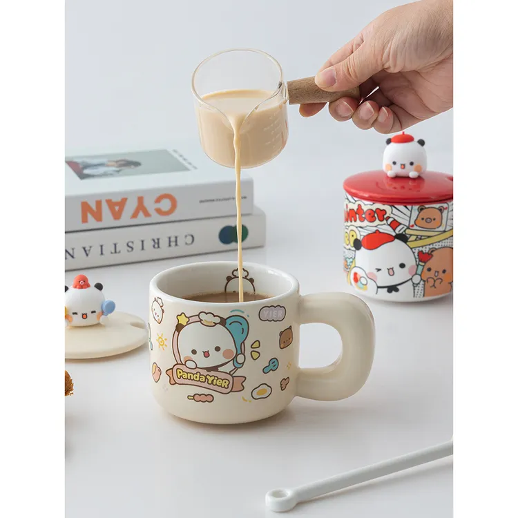 熊猫一二布布可爱早餐杯燕麦杯创意陶瓷带盖情侣水杯喝水杯防滑