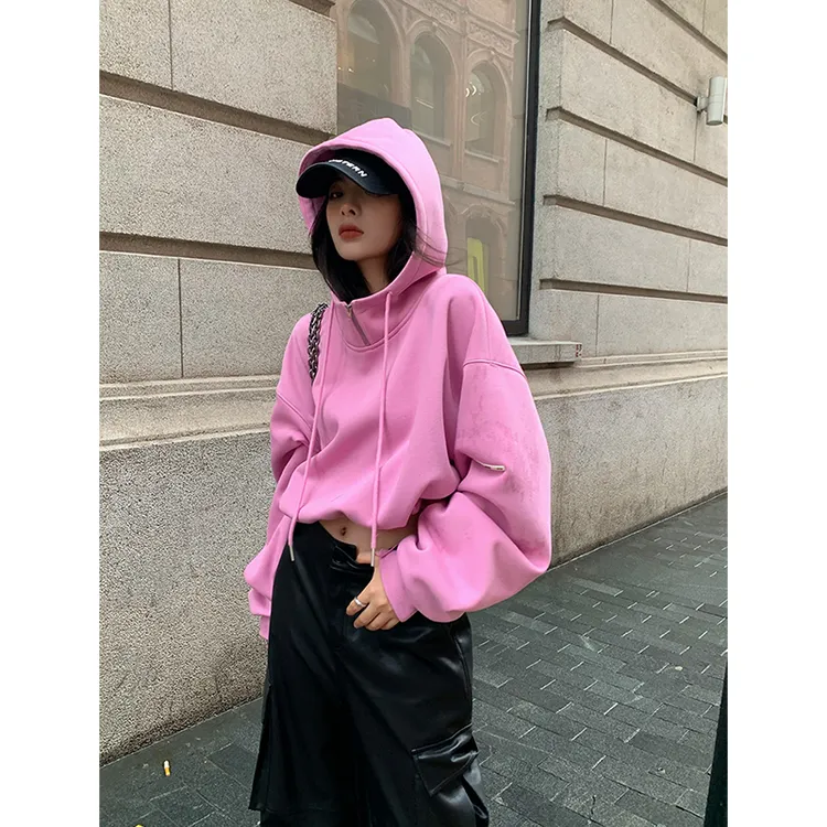 2024秋季新款女士美式气质高级感粉色连帽长袖韩版气质小众卫衣