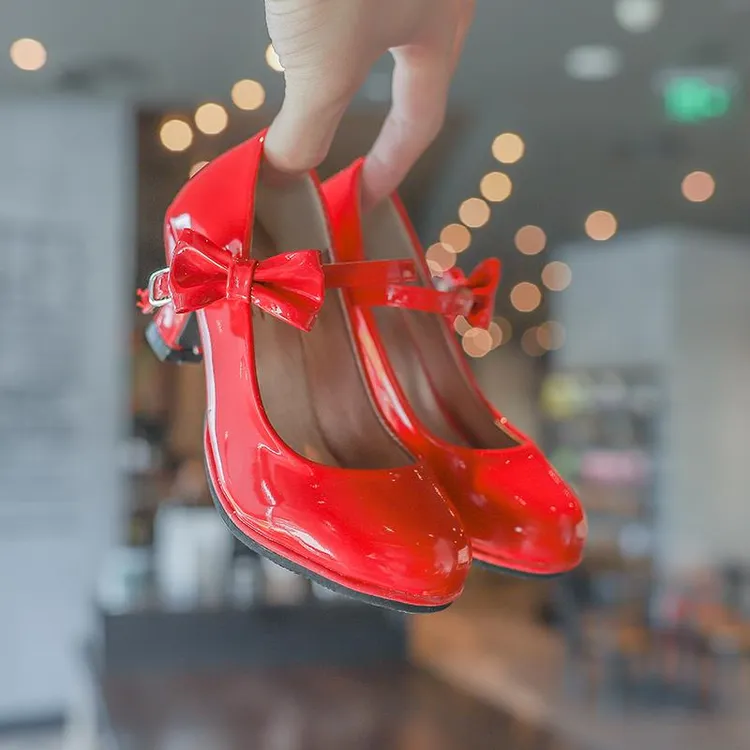ABC女童高跟鞋小公主单鞋红色儿童皮鞋小女孩演出走秀公主鞋小孩