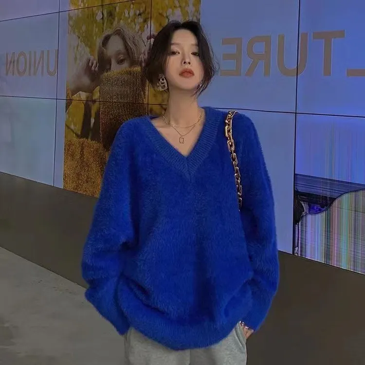 克莱因蓝水貂绒毛衣女中长款领慵懒风马海毛秋冬新款宽松上衣潮