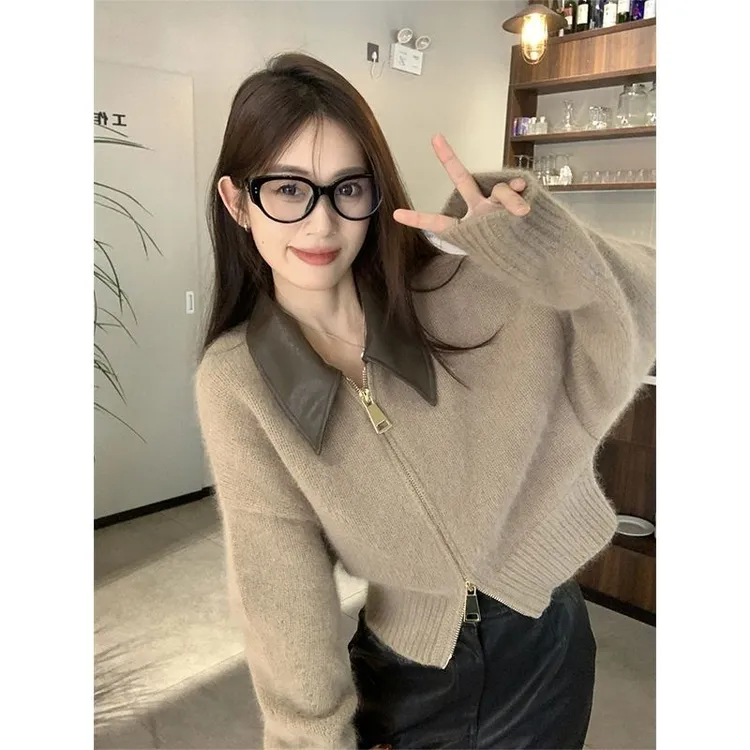 秋冬女款日系复古双拉链皮领毛衣外套2024新款慵懒风短款针织开衫