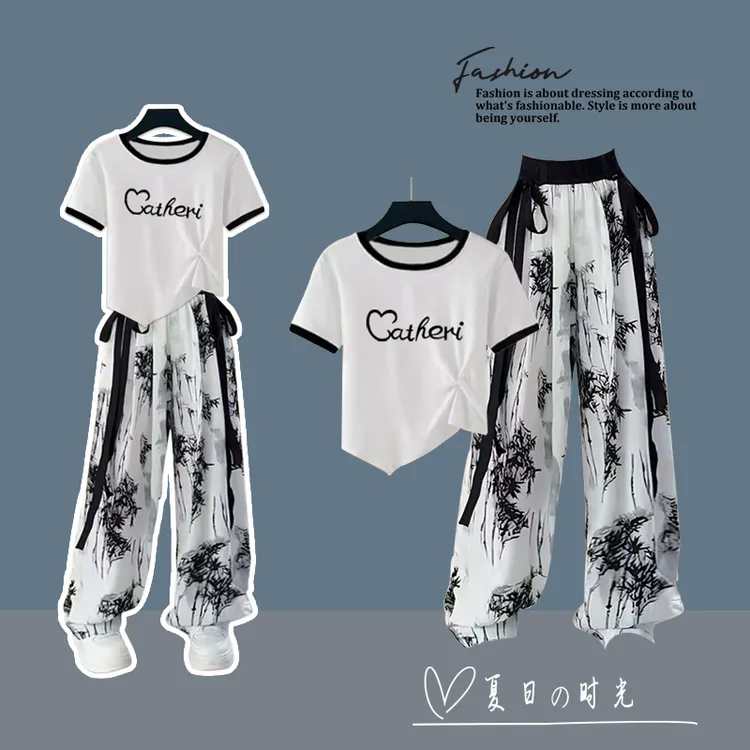 女童休闲裤套装冰感时尚短袖T恤女洋气中大童新款高级感潮流夏装