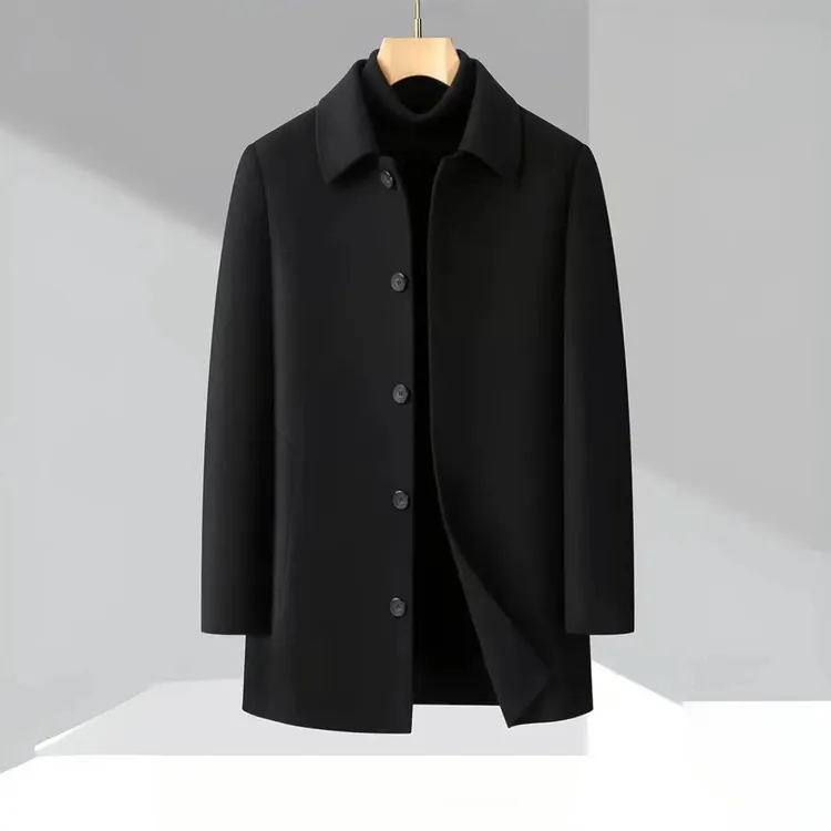 高端绵羊毛双面呢大衣男中款休闲春秋翻领呢子爸爸装外套7777款